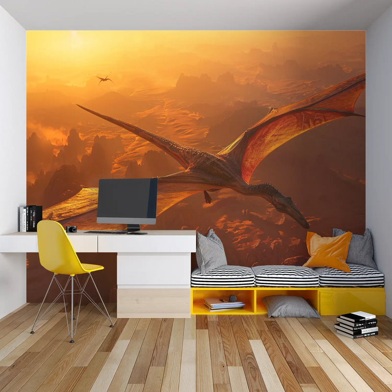 Papier Peint Dinosaure Vol Couché de Soleil - tapisserie garçon