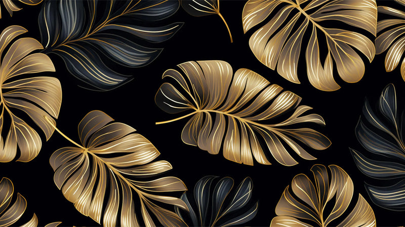 Papel pintado de follaje negro y dorado