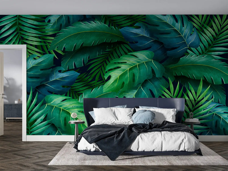 Papel pintado de follaje verde y azul