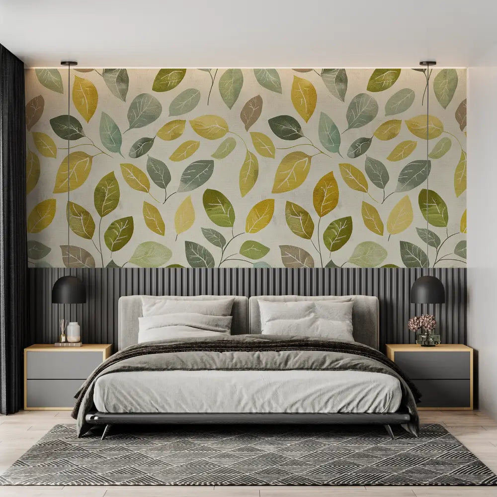 Papel pintado de follaje verde y amarillo - salón