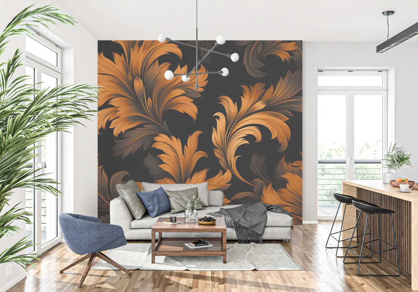Papel pintado de flores naranjas y negras - panorámico-pared