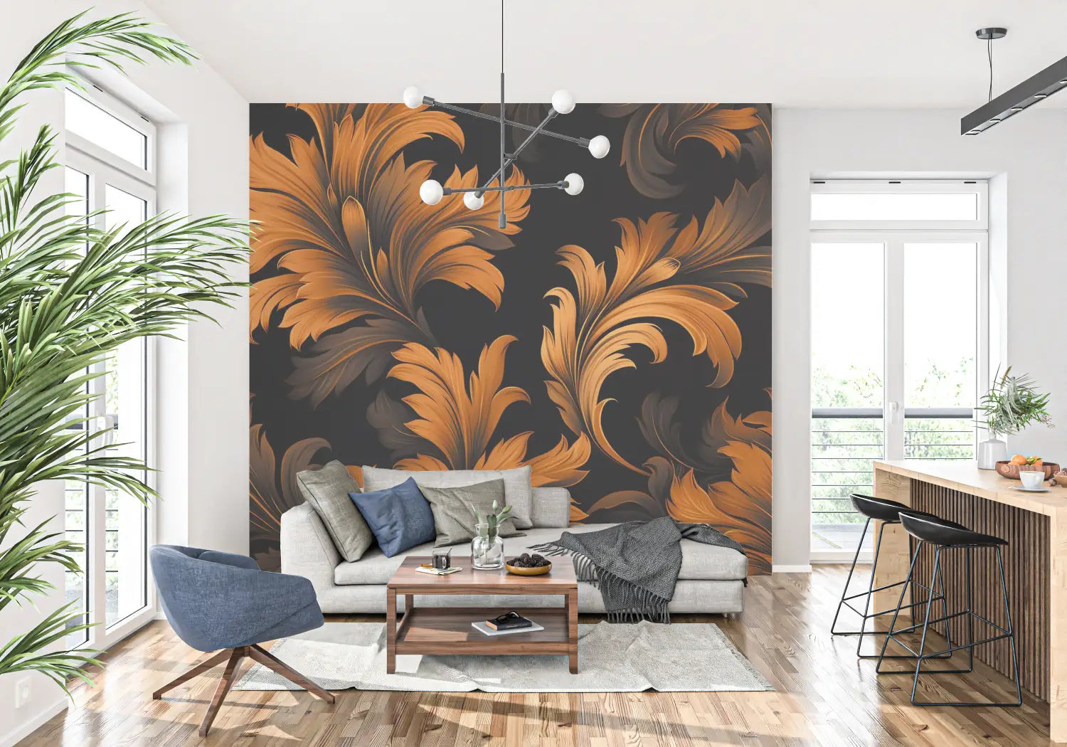 Papel pintado de flores naranjas y negras - panorámico-pared