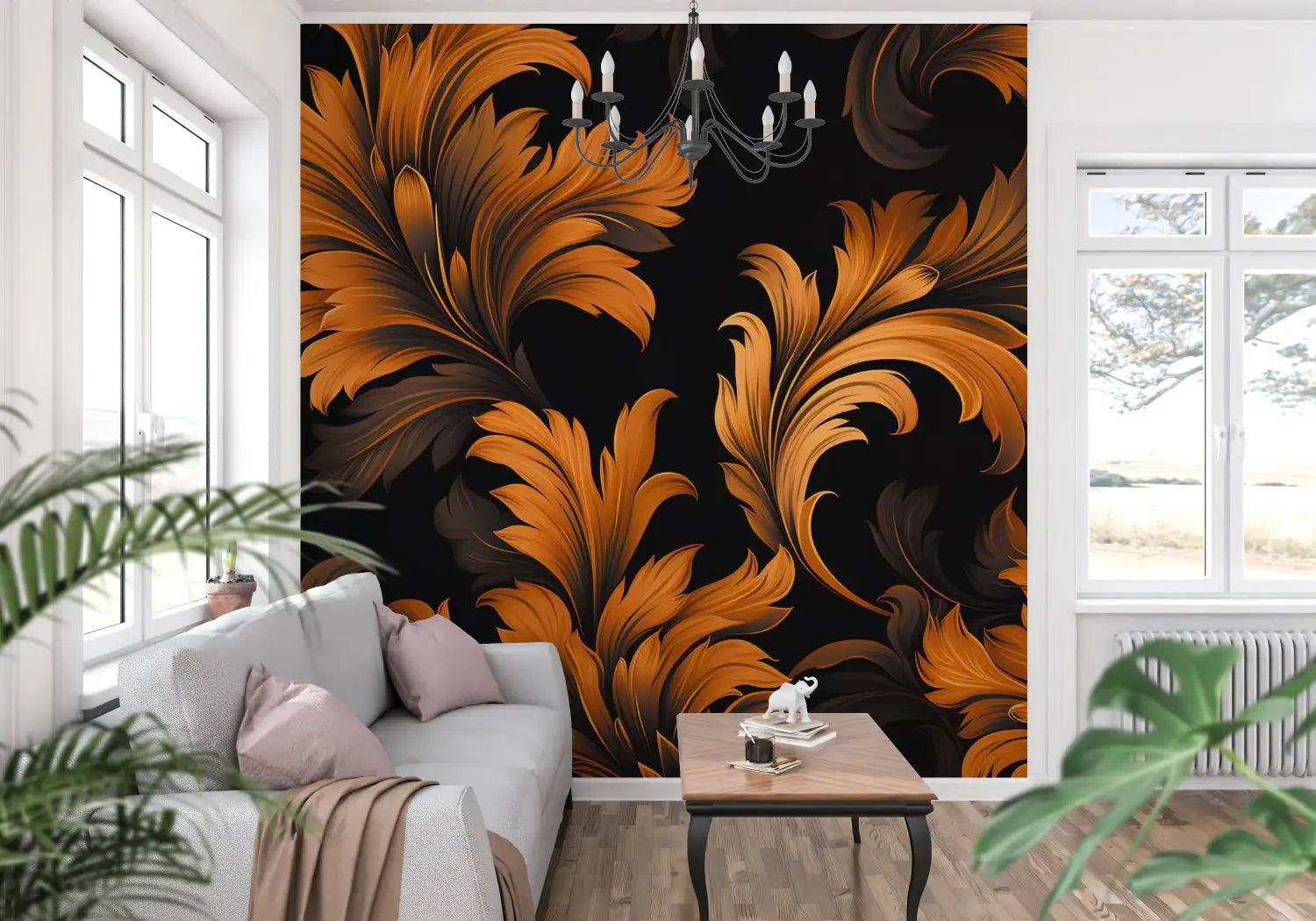 Papel pintado de flores naranjas y negras - trompe l'oeil