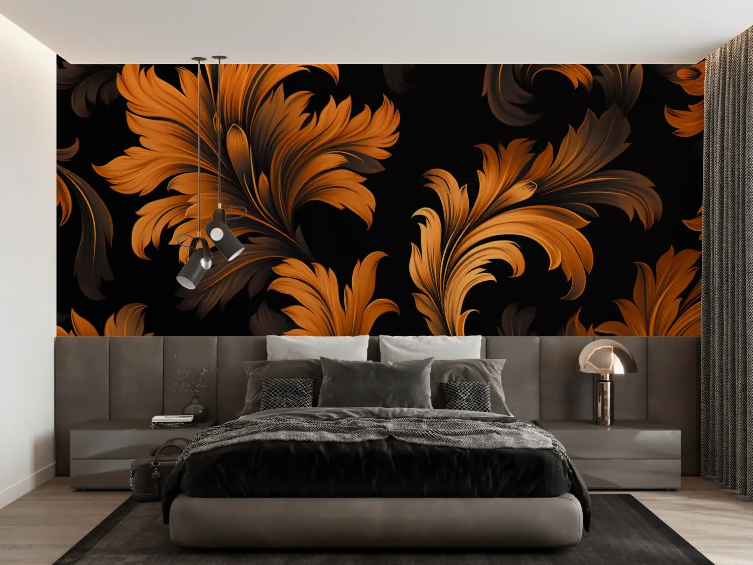 Papel pintado de flores naranjas y negras - panorámico de moda