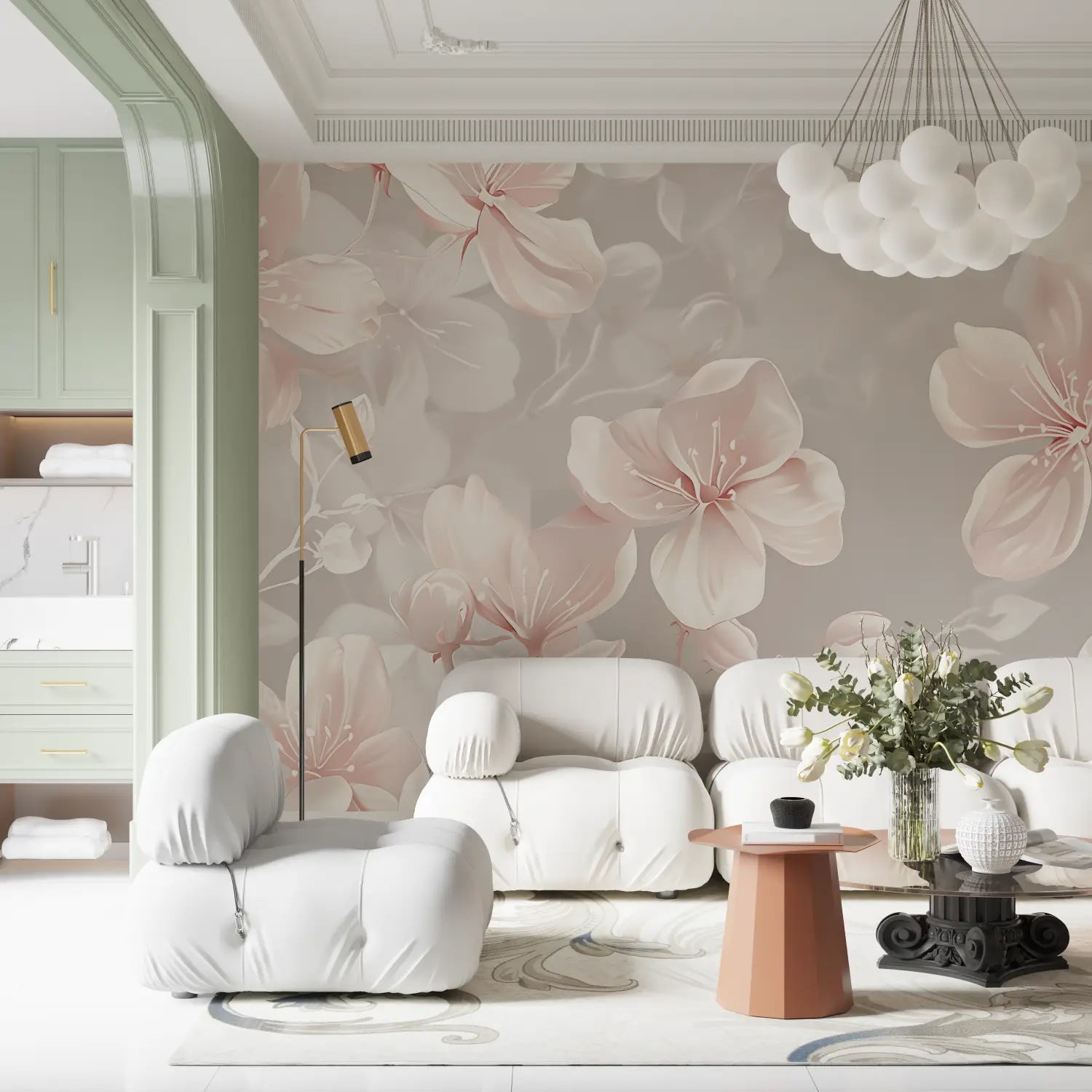 Papel pintado de flores rosas y grises - pared