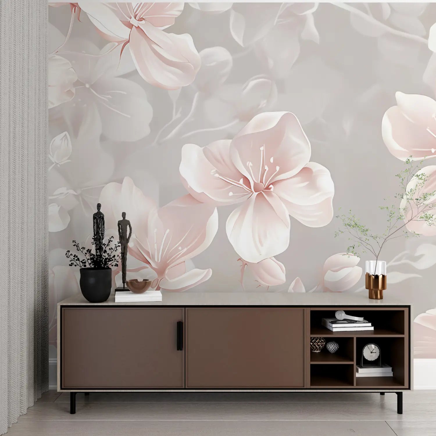 Papel pintado de flores rosas y grises - impreso