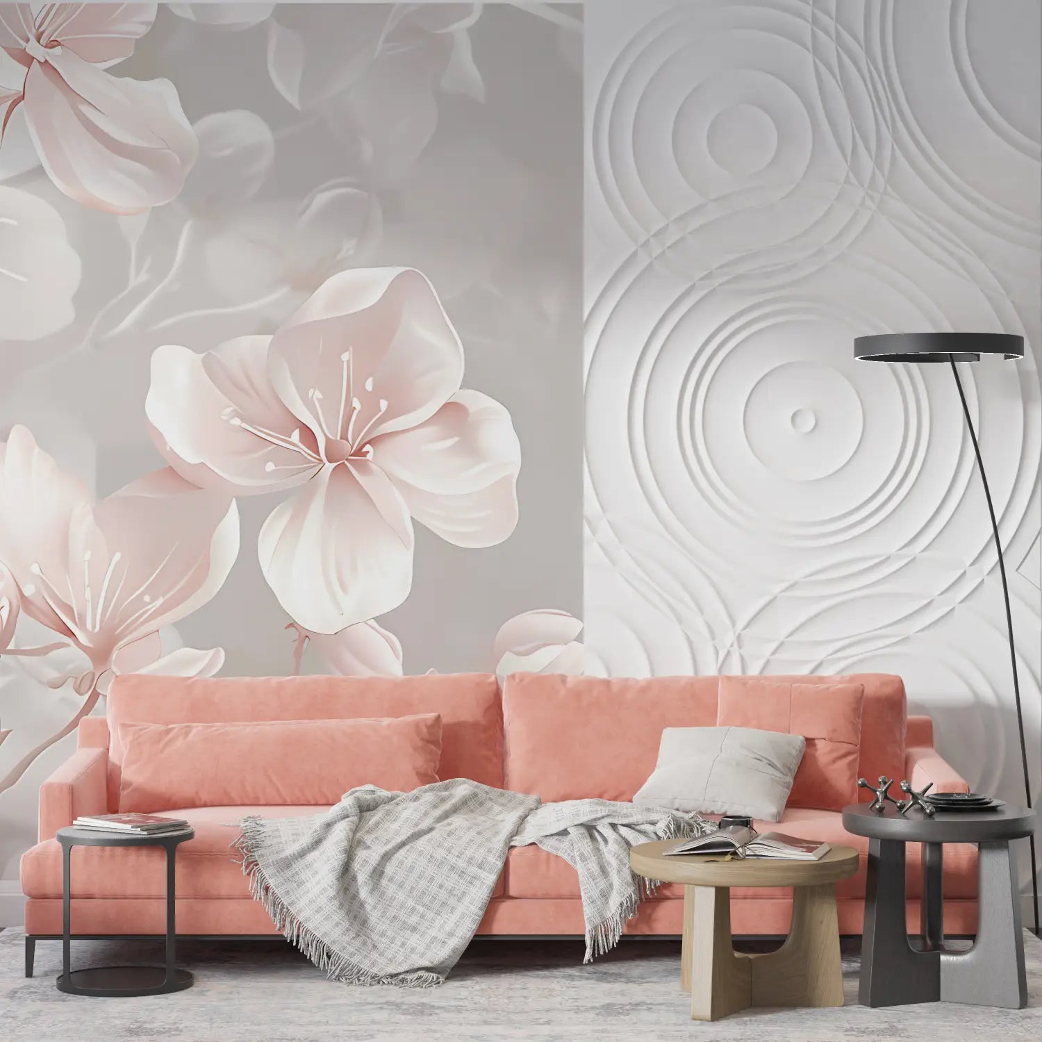 Papel pintado de flores rosas y grises - diseño