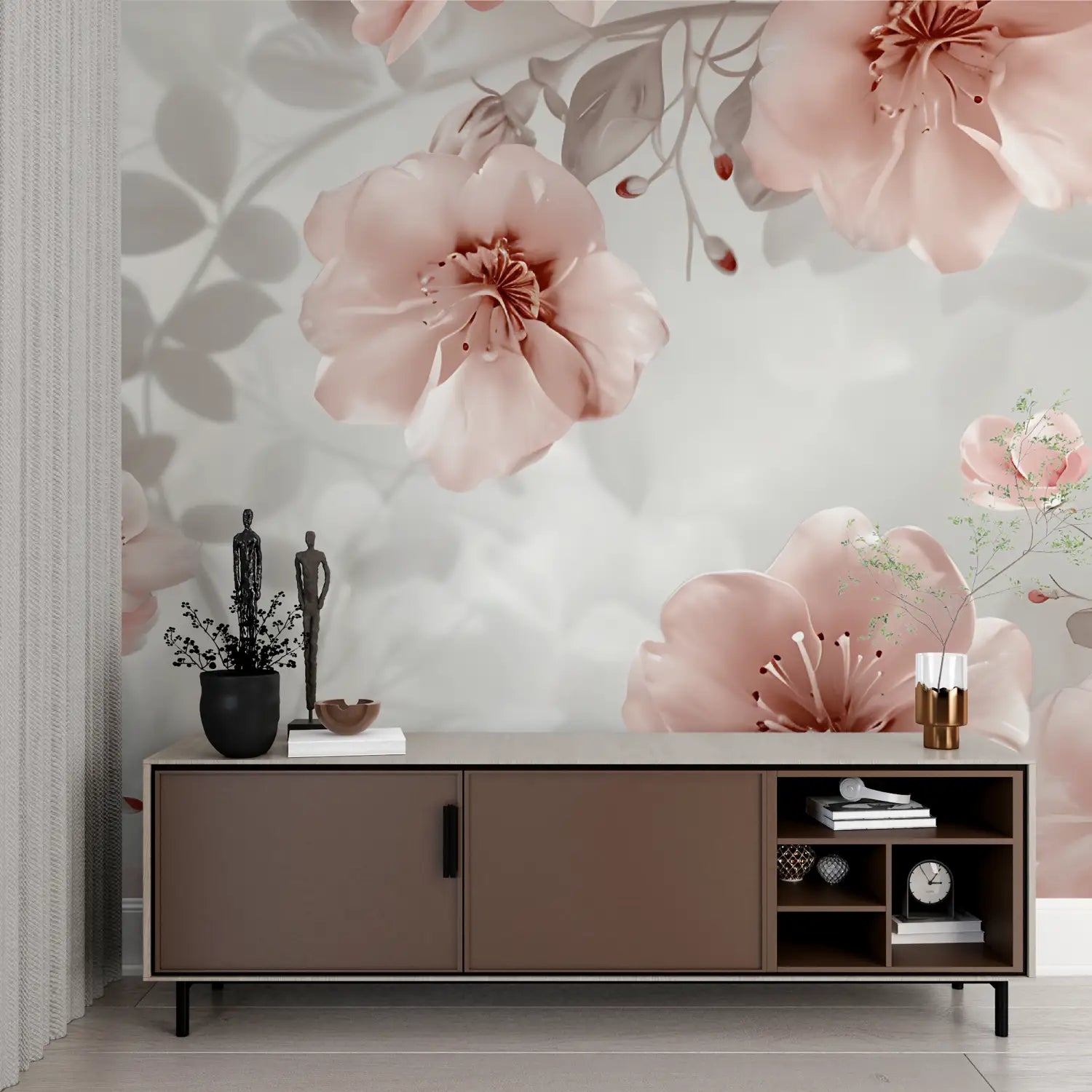 Papel pintado vintage de flores rosas y grises - pared