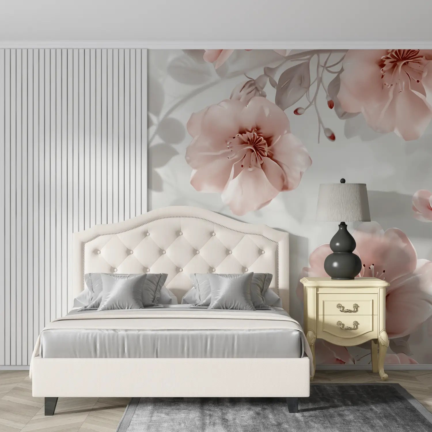 Papel pintado vintage de flores rosas y grises - diseño