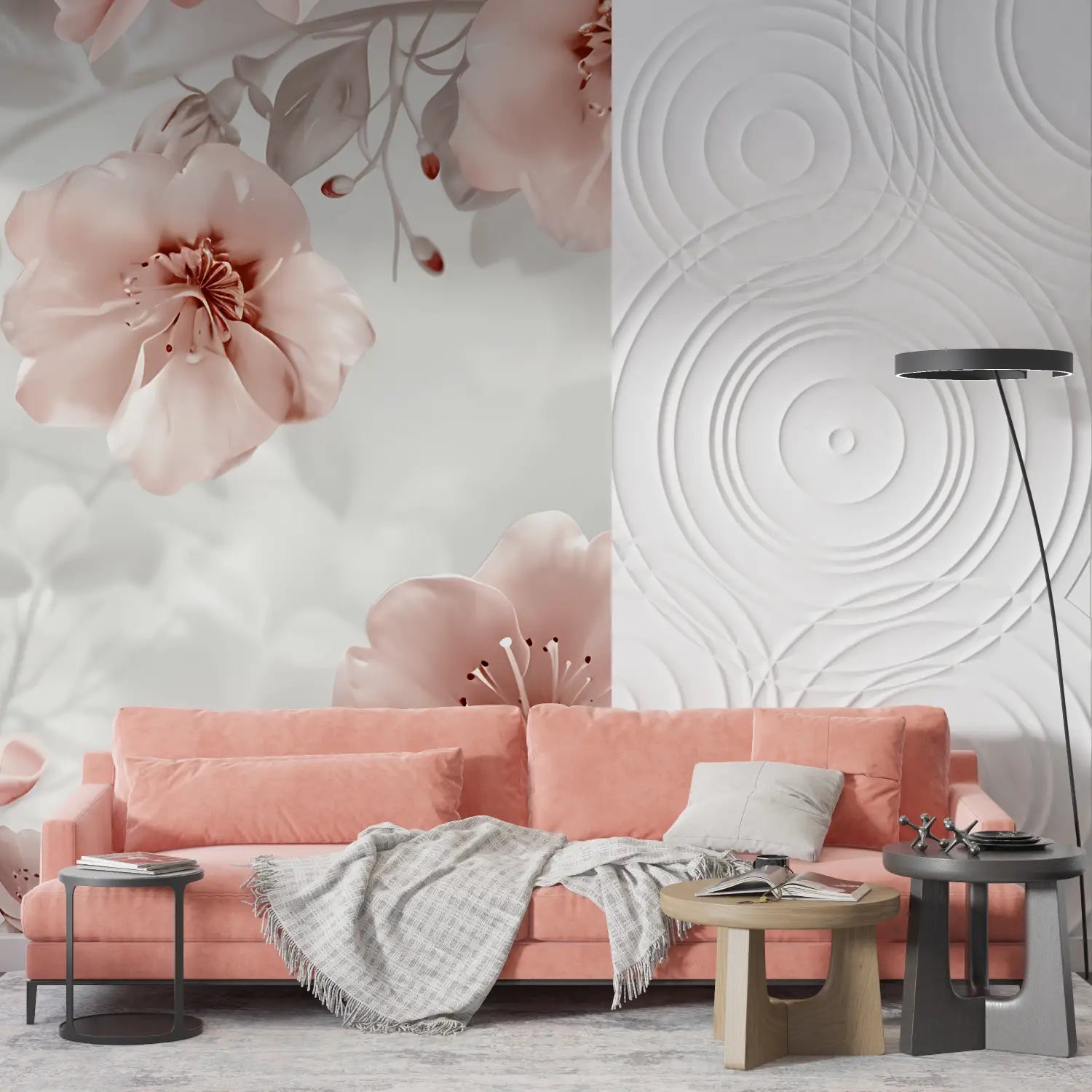 Papel pintado vintage de flores rosas y grises - impreso