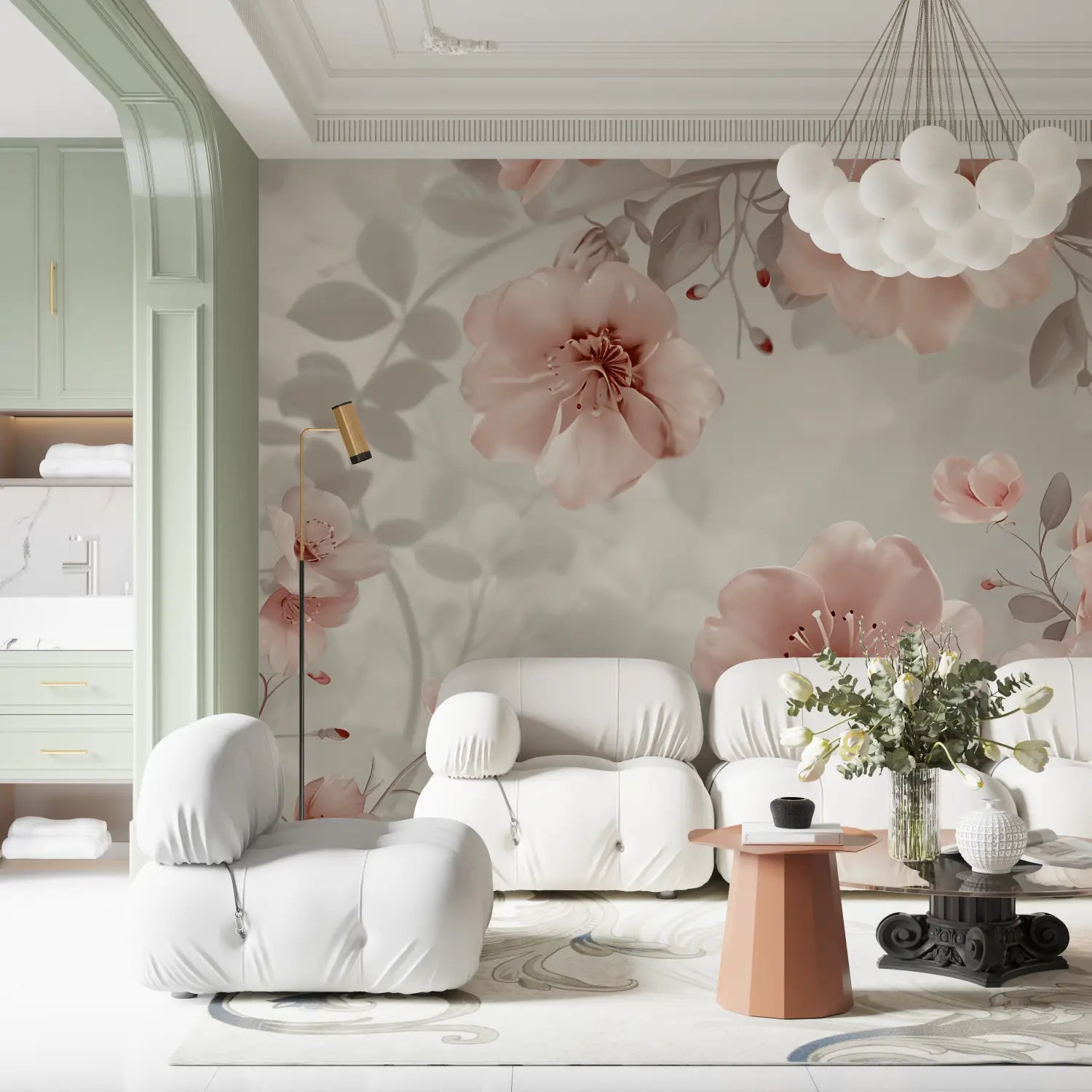 Papel pintado vintage de flores rosas y grises - tendencias