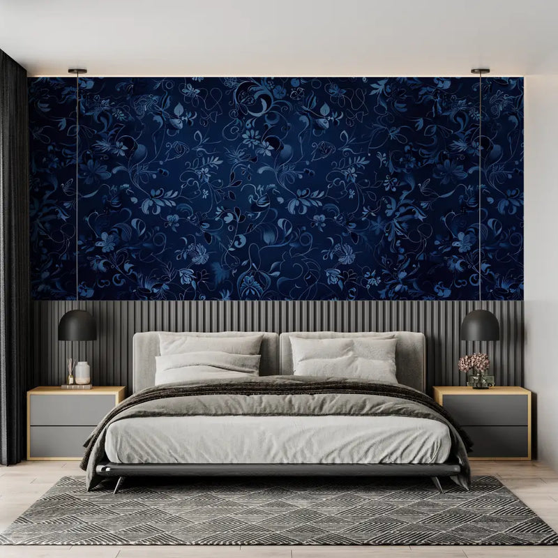 Papier Peint Fleuri Bleu Marine - chambre adulte