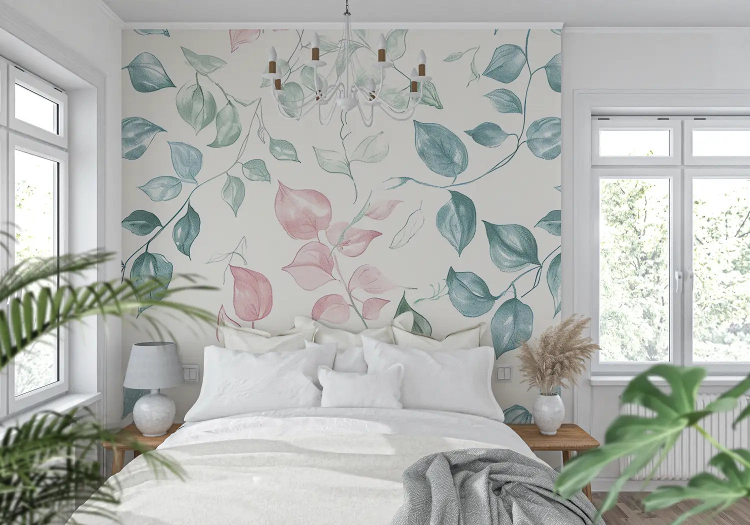 Papier Peint Fleuri Rose Et Vert - tendance mur