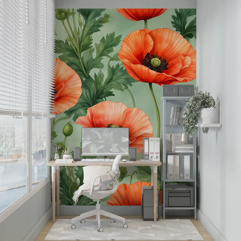 Papier Peint Fleuri Rouge Vintage - pano mural