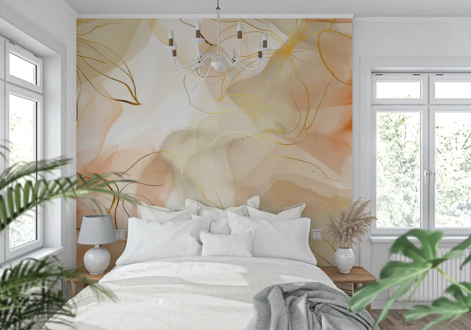 Papel pintado de flores en tono naranja - pared de la cocina
