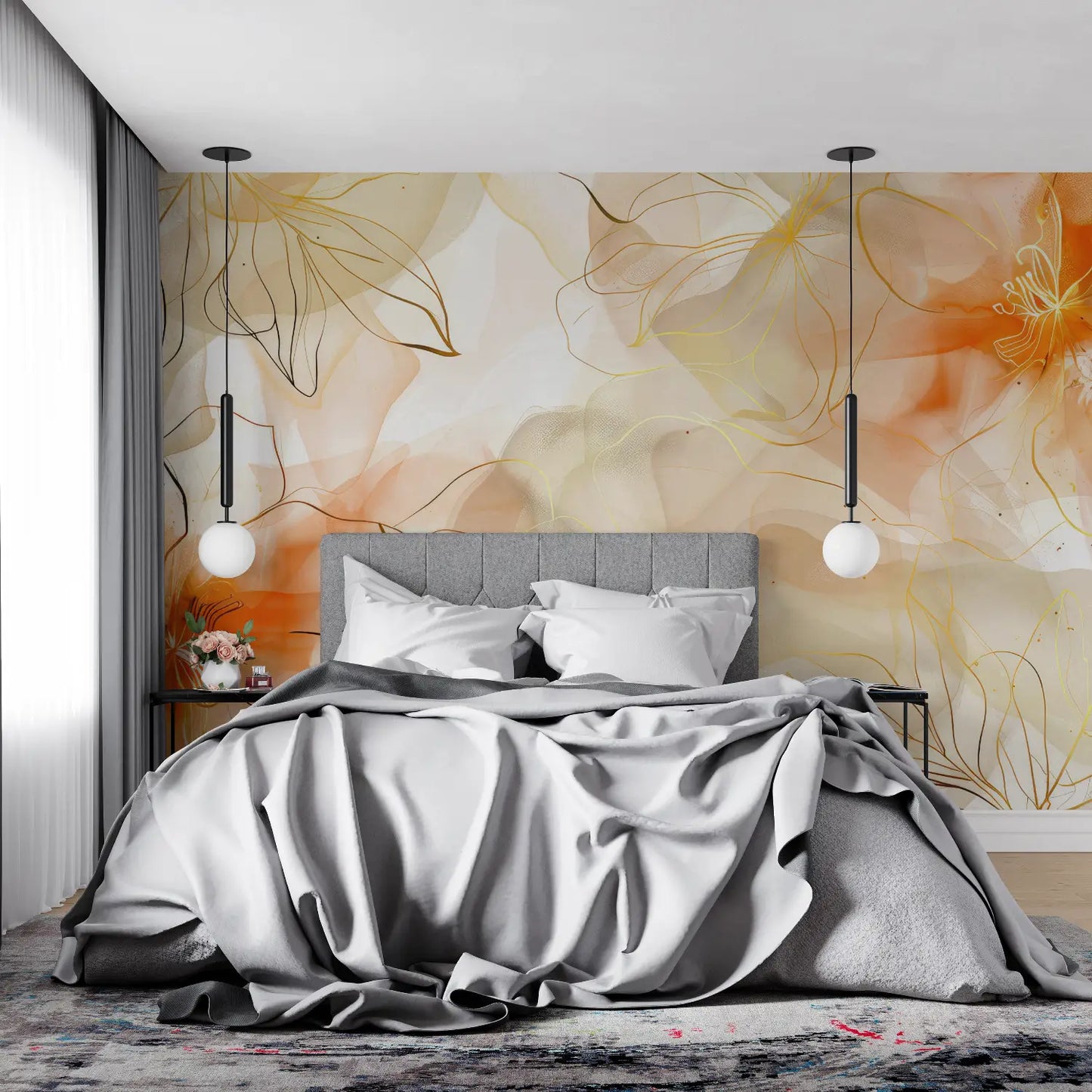 Papel pintado de flores en tono naranja - tendencia de pared