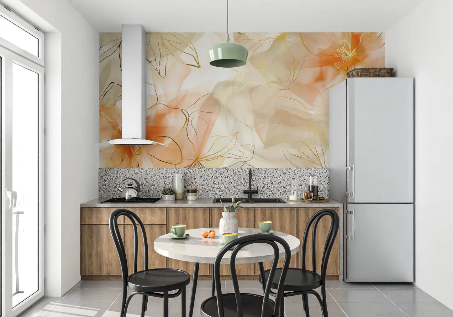 Papel pintado de flores en tono naranja - panorámico 4murs