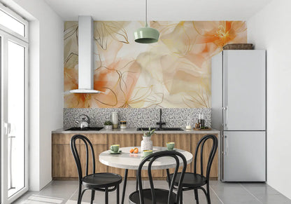 Papel pintado de flores en tono naranja - panorámico 4murs