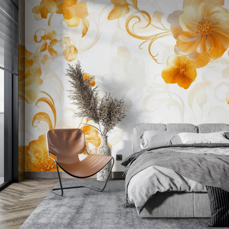 Papier Peint Fleurs Vintage Orange - tendance mur