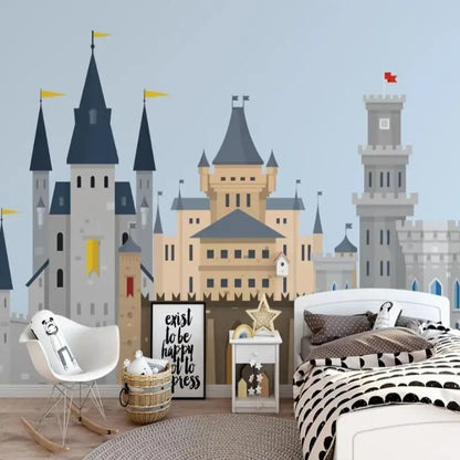 Papel pintado clásico para niños Castle Ft azul y gris