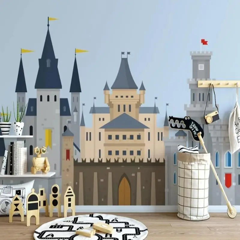 Papel pintado clásico para niños Castle Ft azul y gris