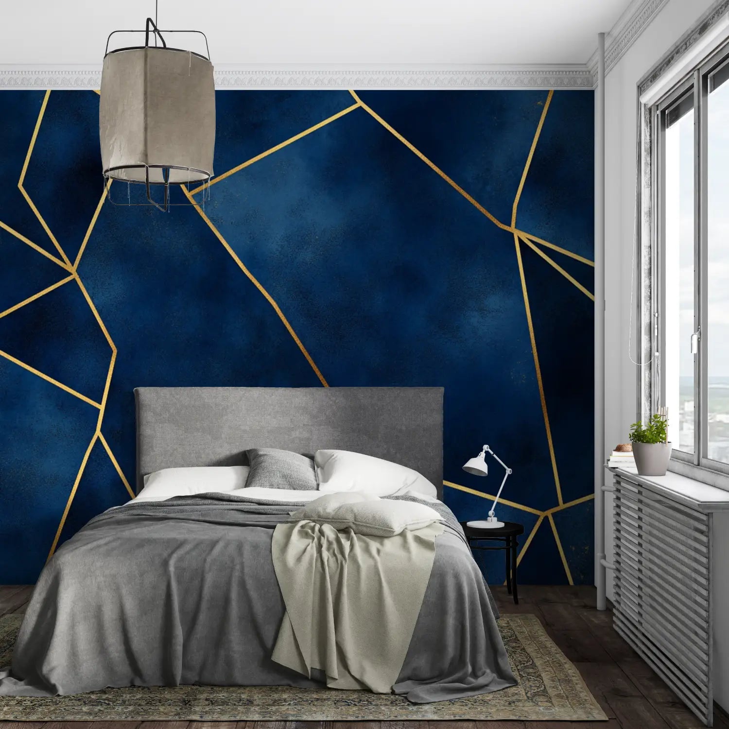 Blauw en goud geometrisch behang - Second Image