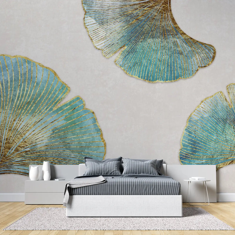 Papier Peint Ginkgo Bleu Design Doré - tendance 2024