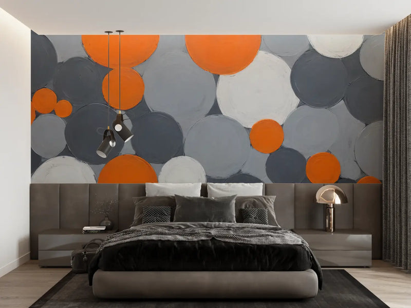 Papier Peint Gris Et Orange Ronds - trompe l'oeil