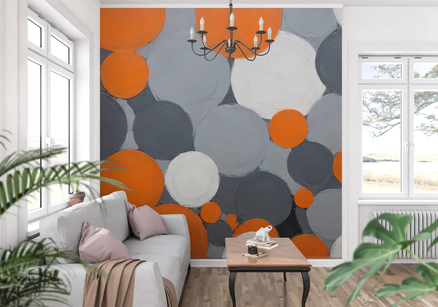 Papier Peint Gris Et Orange Ronds - panoramique tendance