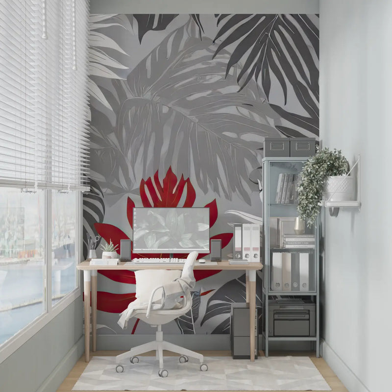 Papier Peint Gris Et Rouge Tropical - sur mesure