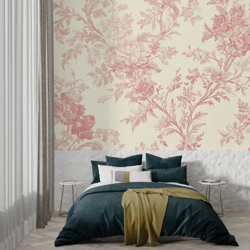 Papier Peint Imitation Toile De Jouy Rose - panoramique-mur