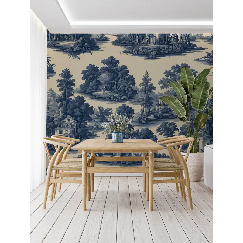 Papel pintado con estampado azul Jouy - trompe l'oeil