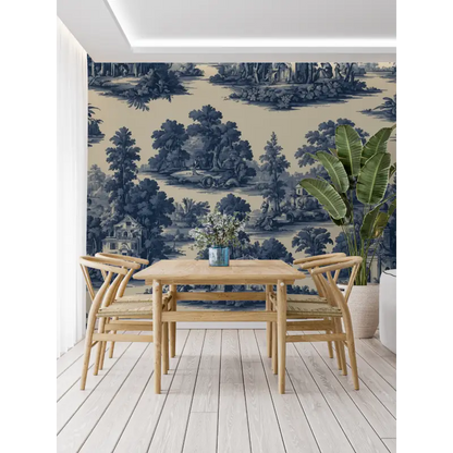 Papel pintado con estampado azul Jouy - trompe l'oeil