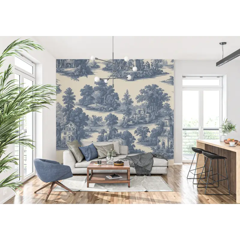 Papel pintado con estampado azul Jouy - pared-panorámica