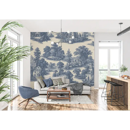Papel pintado con estampado azul Jouy - pared-panorámica