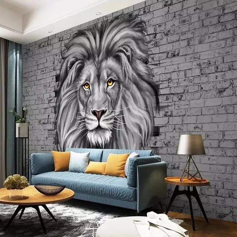 Papel pintado Trompe l'Oeil de león blanco y negro
