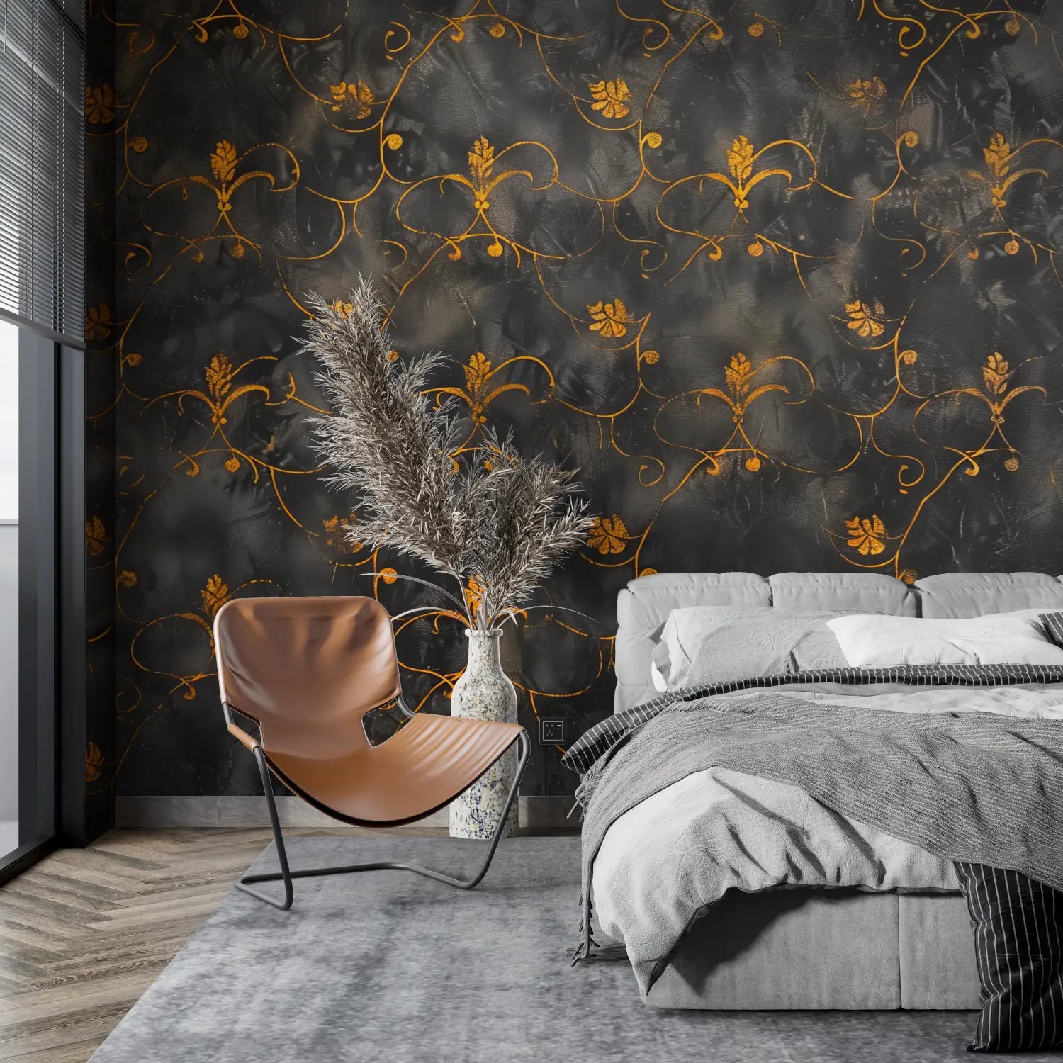 Papel pintado negro y naranja - pared de la cocina