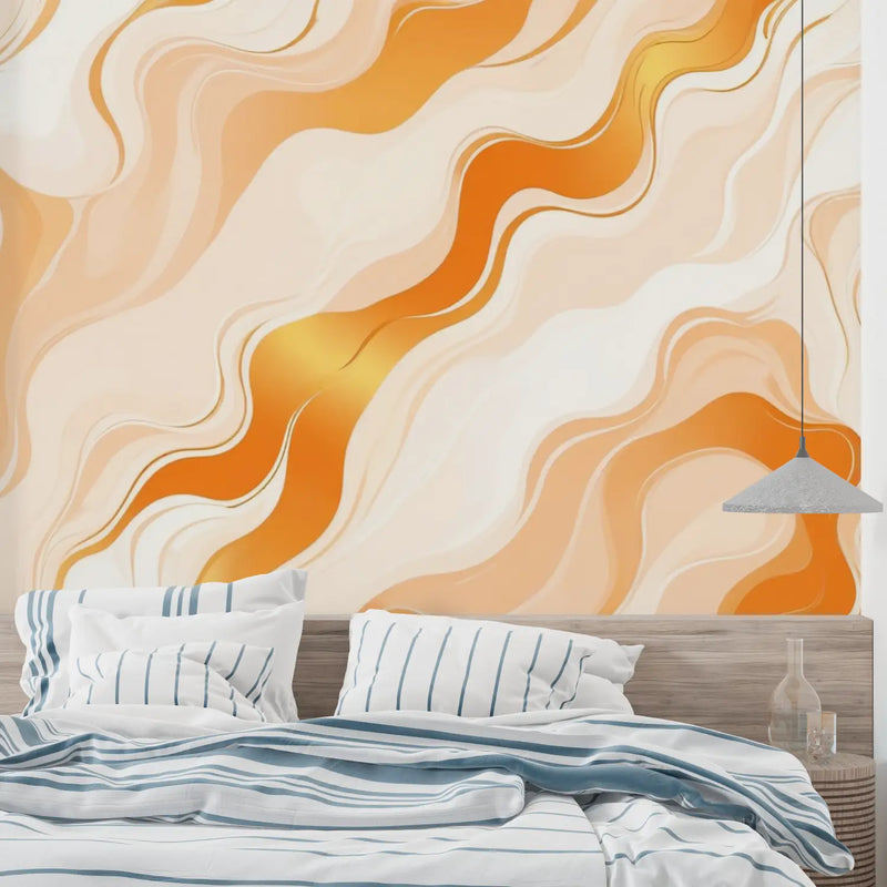 Papier Peint Orange Et Blanc Vague - sur mesure