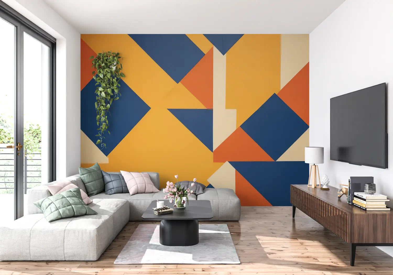 Papel pintado geométrico naranja y azul - pared de la cocina
