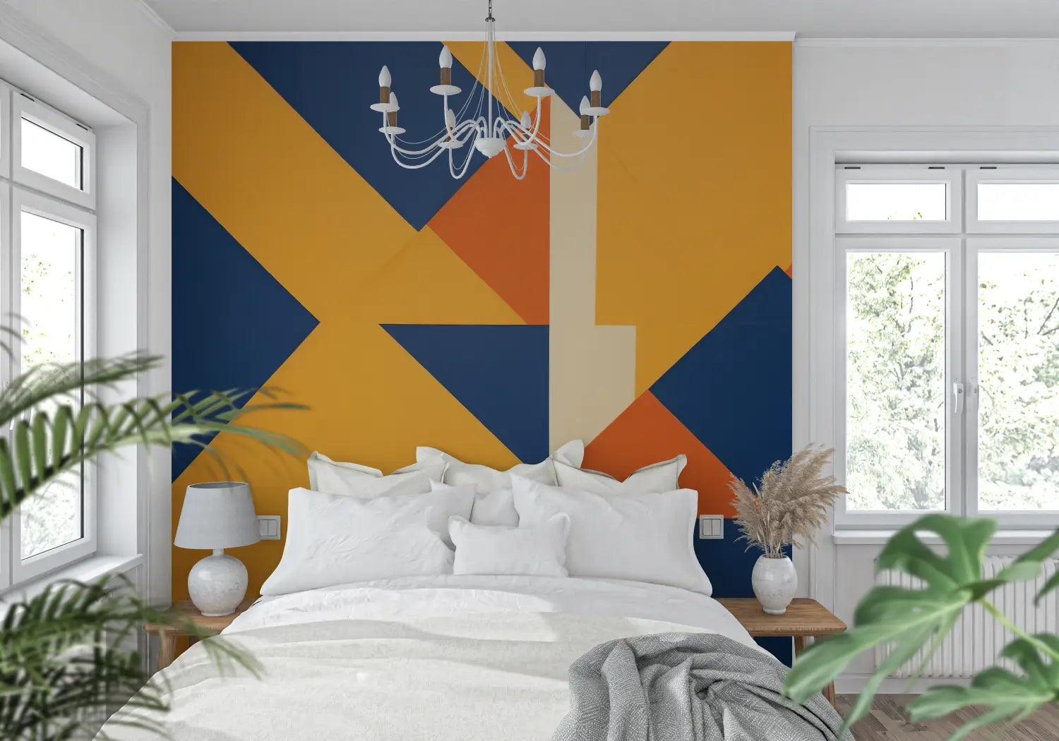 Papel pintado geométrico naranja y azul - tendencia de pared
