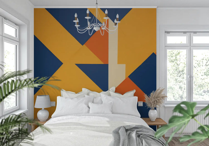 Papier Peint Orange Et Bleu Géométrique - tendance mur