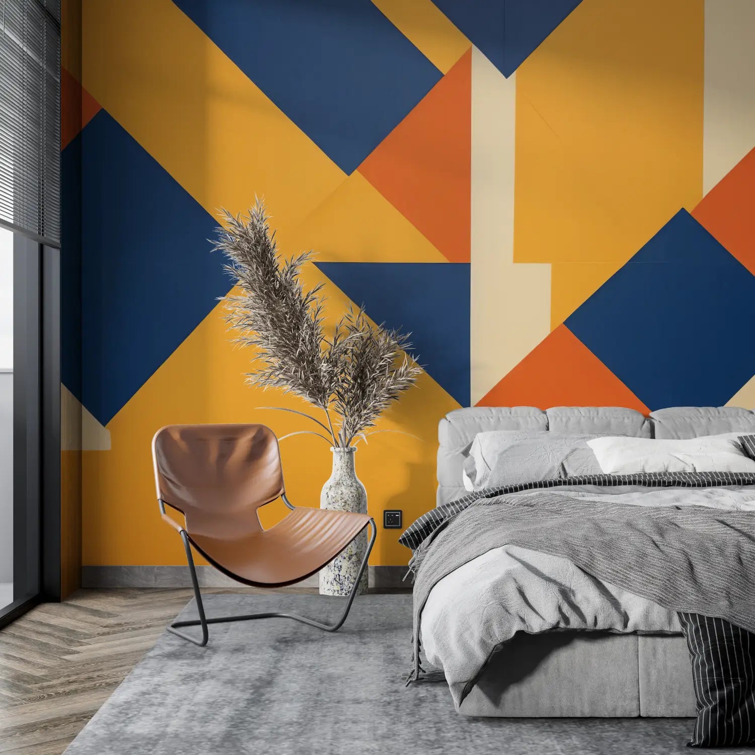 Papel pintado geométrico naranja y azul - papel pintado pano