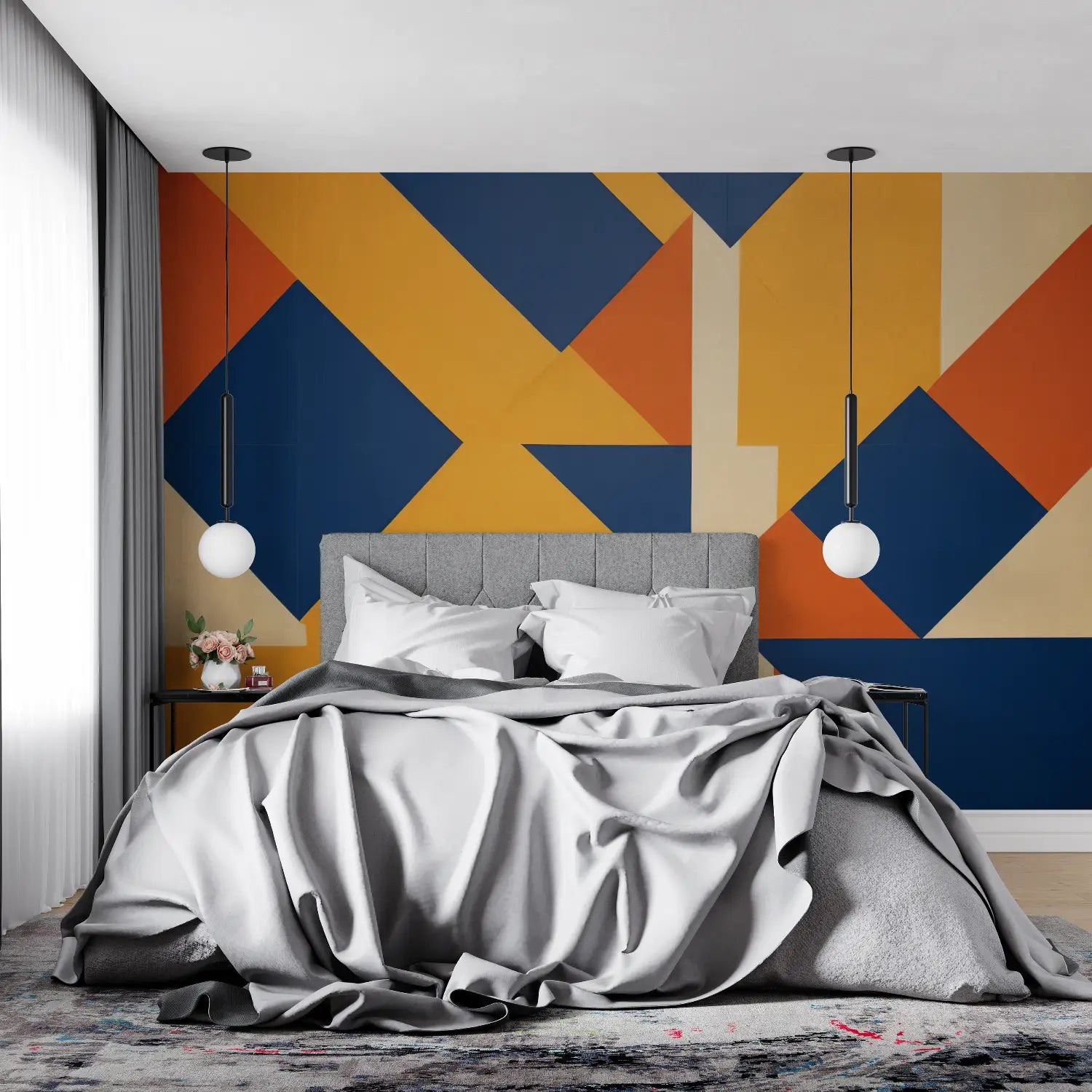 Papel pintado geométrico naranja y azul - panorámico 4murs