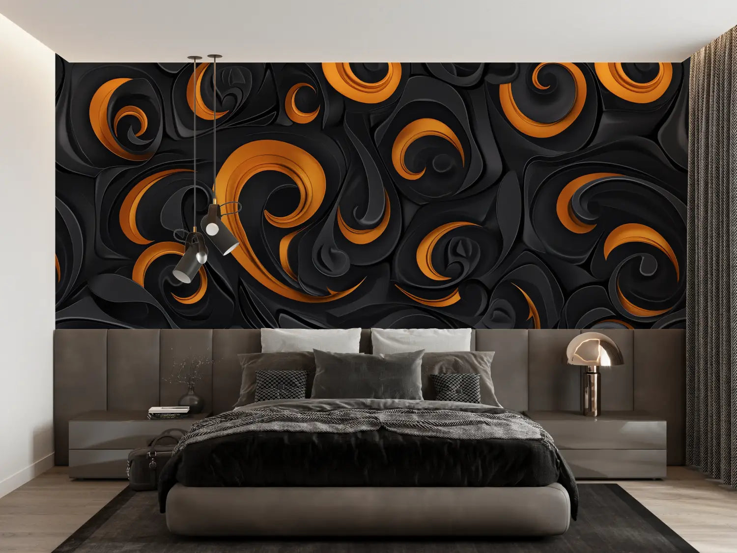 Papel pintado abstracto naranja y negro - panorámico de moda