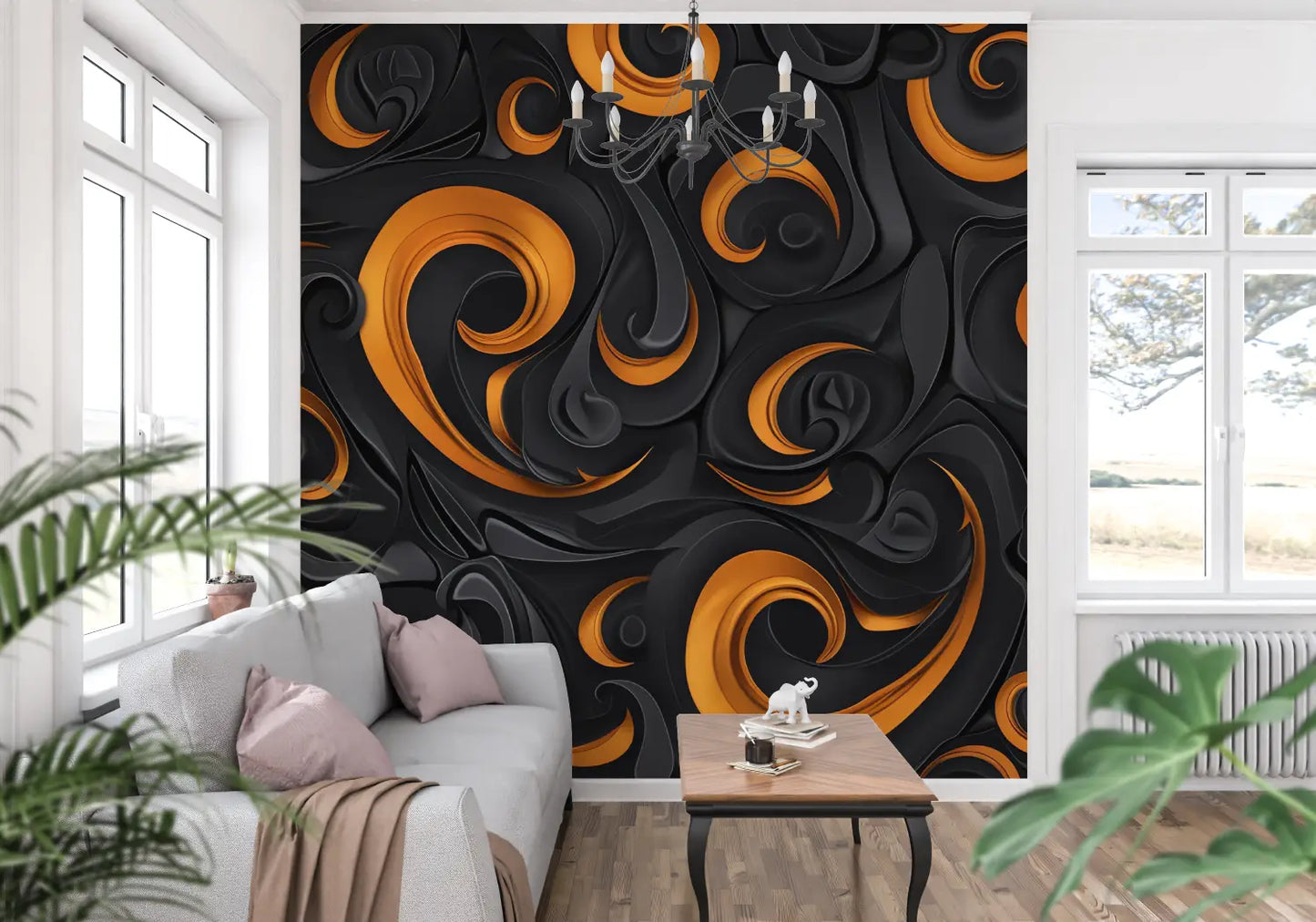Papel pintado abstracto naranja y negro - trompe l'oeil