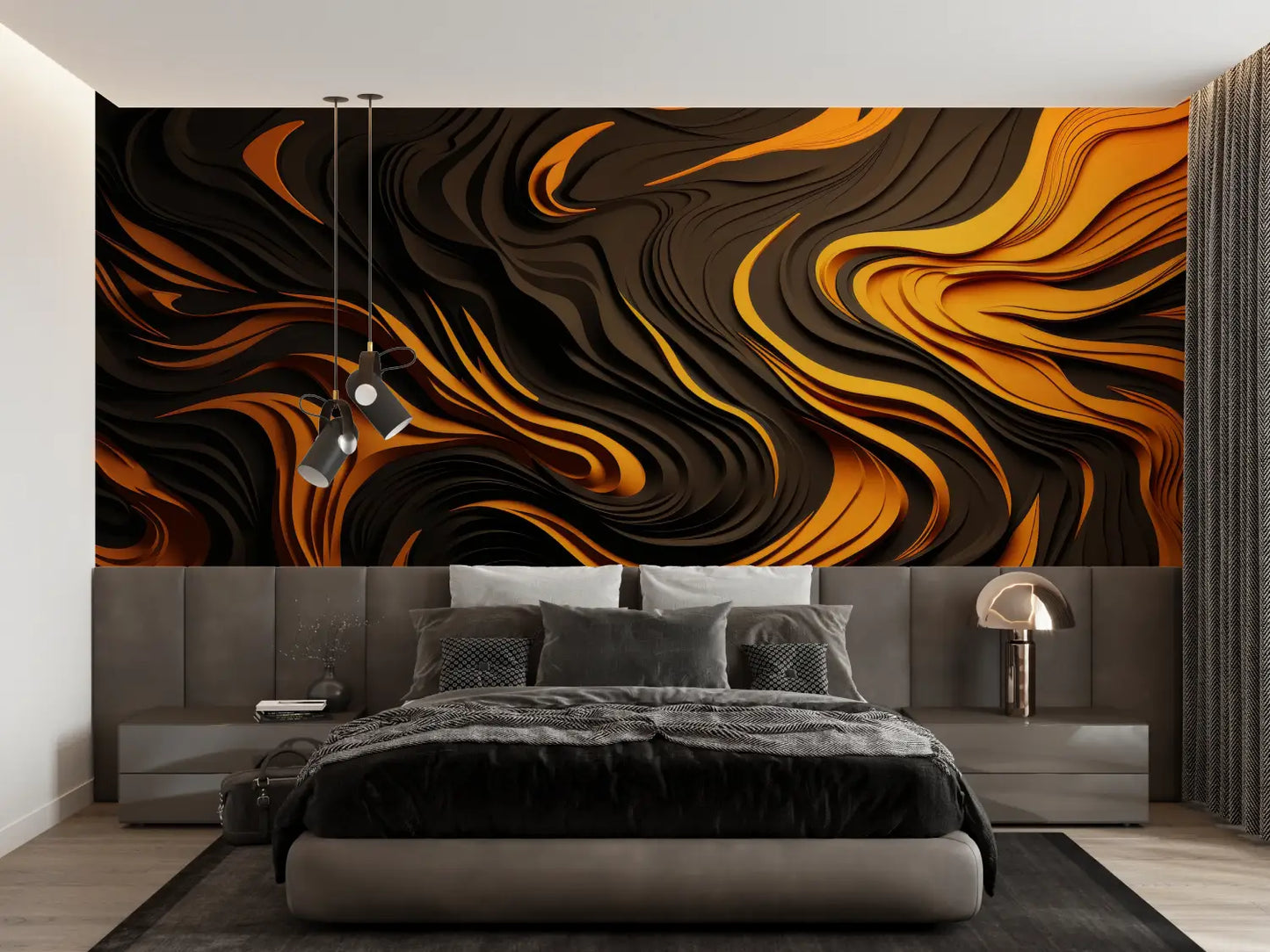 Papel pintado de diseño naranja y negro - trompe l'oeil