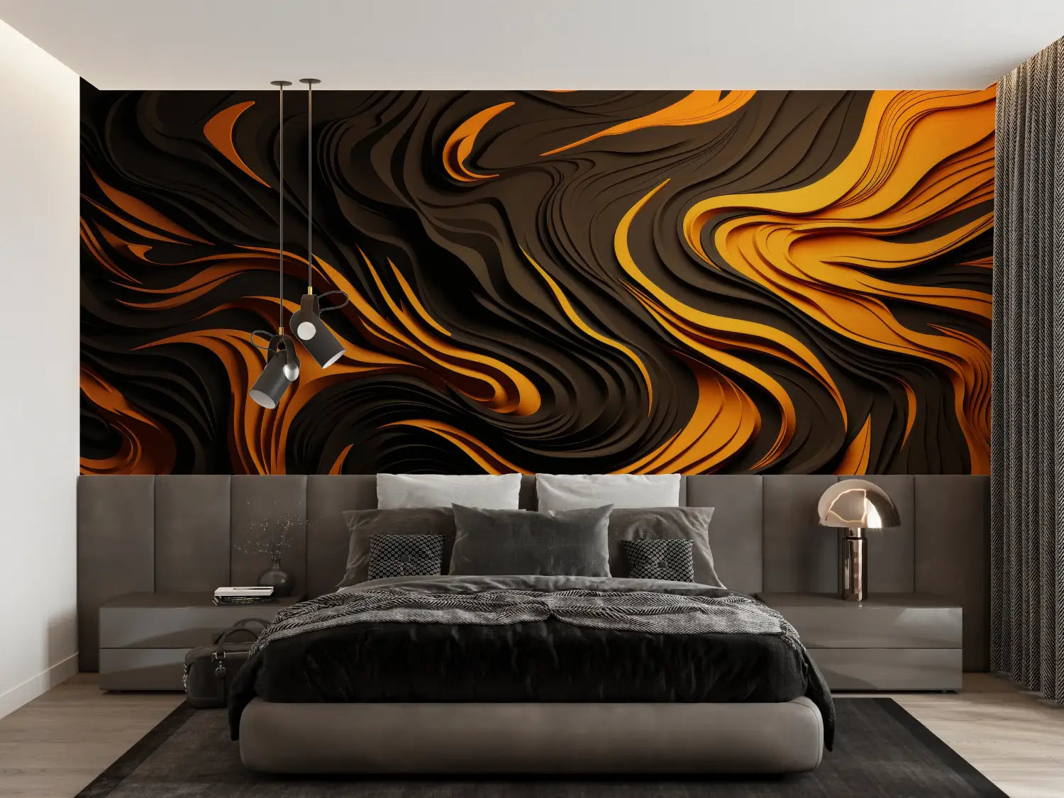 Papel pintado de diseño naranja y negro - trompe l'oeil