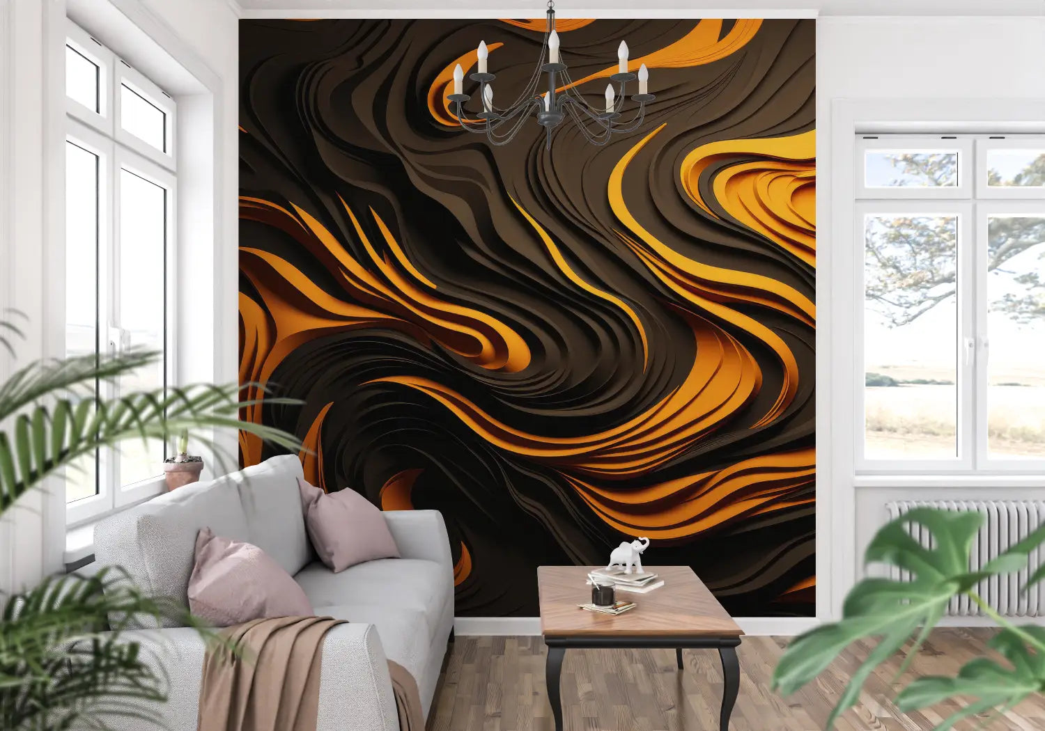 Papel pintado de diseño naranja y negro - panorámico-pared