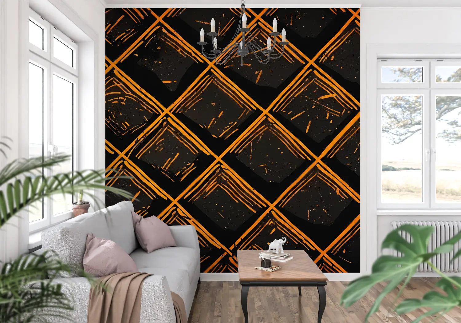 Papel pintado estampado naranja y negro - trompe l'oeil