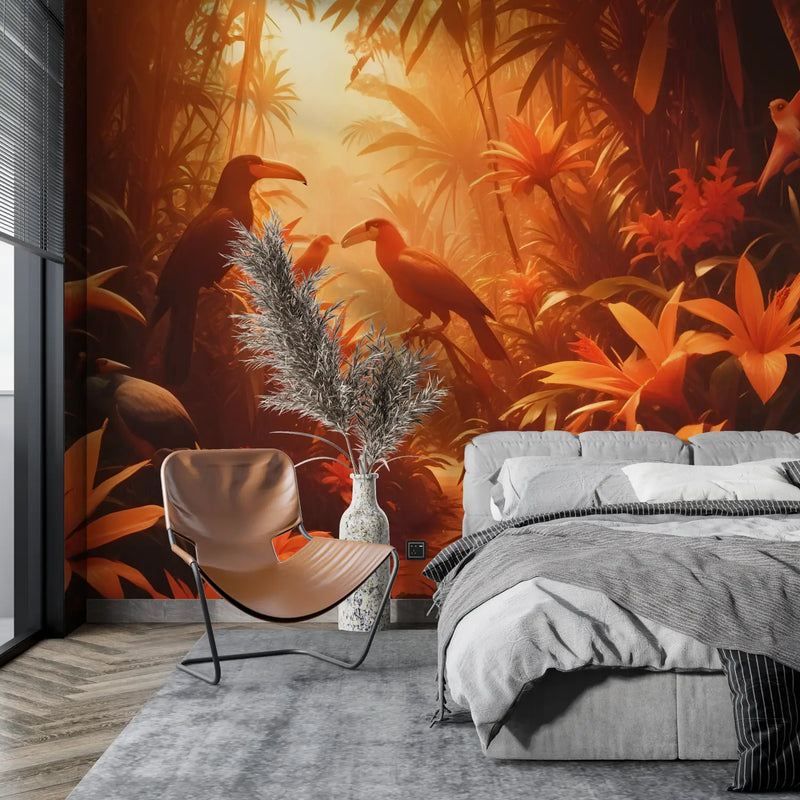 Papier Peint Panoramique Jungle Orange - mur cuisine